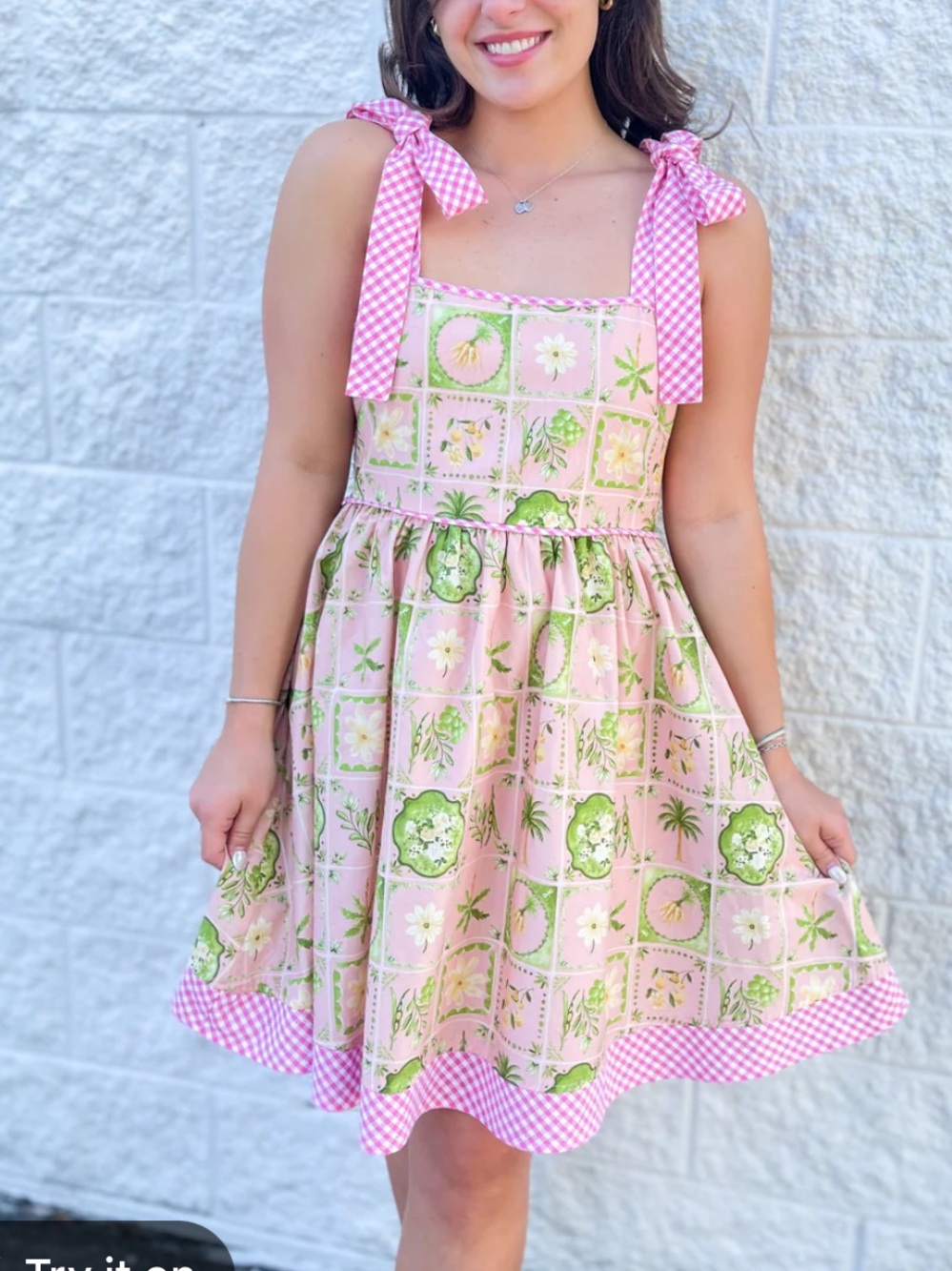 New Whimsical Pink Gingham Bow Strap Mini Dress with Green Botanical Panel Print